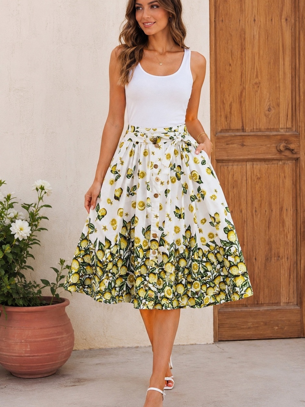 White Lemon-Print Circle Skirt with Waist Tie